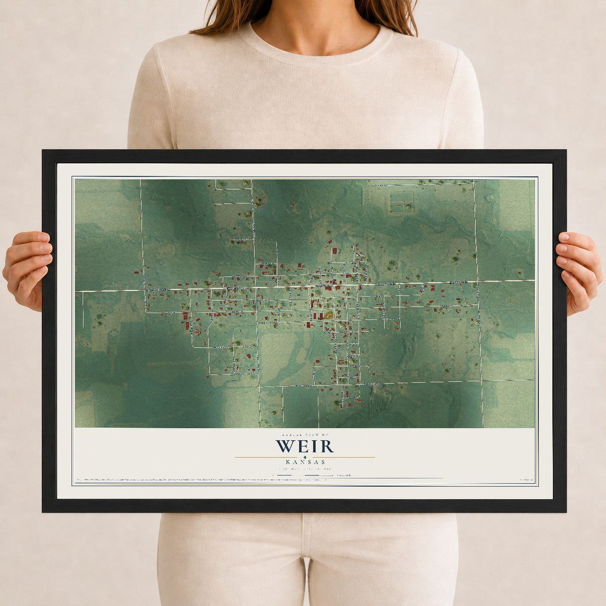Map of Weir, Kansas, 12 x 18 inch print in a black wood frame