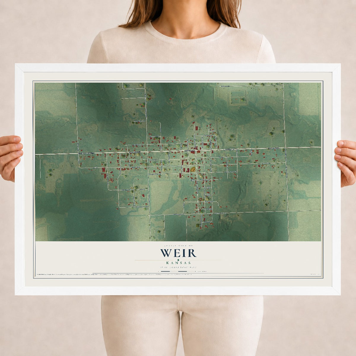 Map of Weir, Kansas, 18 x 24 inch print in a white wood frame