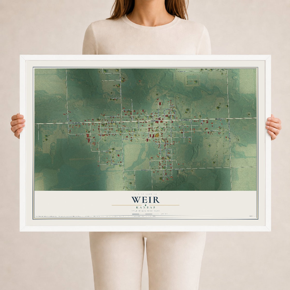 Map of Weir, Kansas, 24 x 36 inch print in a white wood frame
