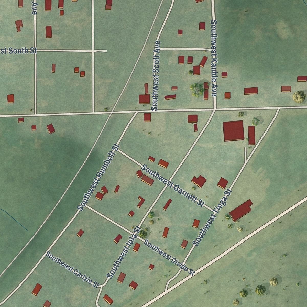 Close-up of the map of Welda, Kansas print showing street and building detail