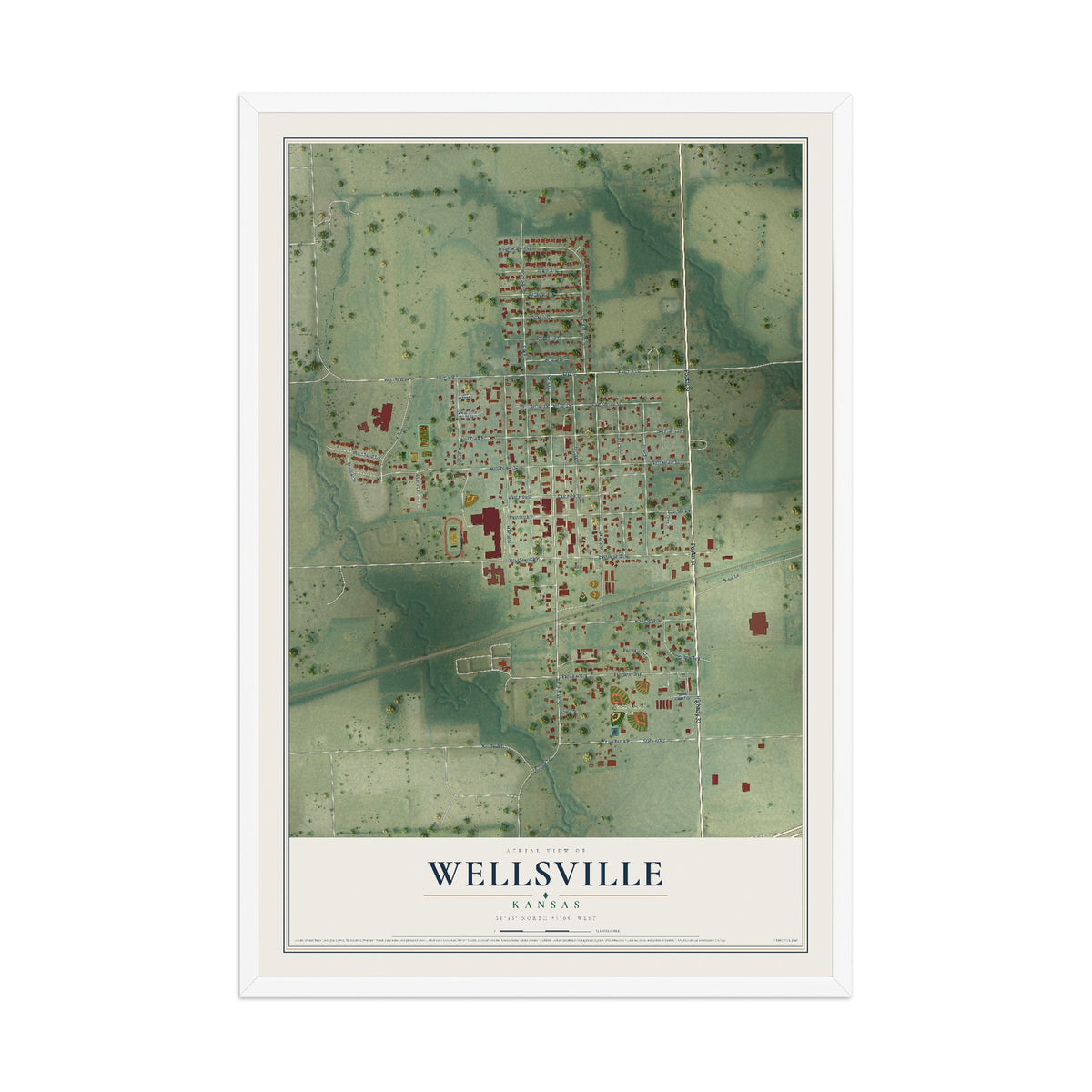 Map of Wellsville, Kansas, 12 x 18 inch print in a white wood frame
