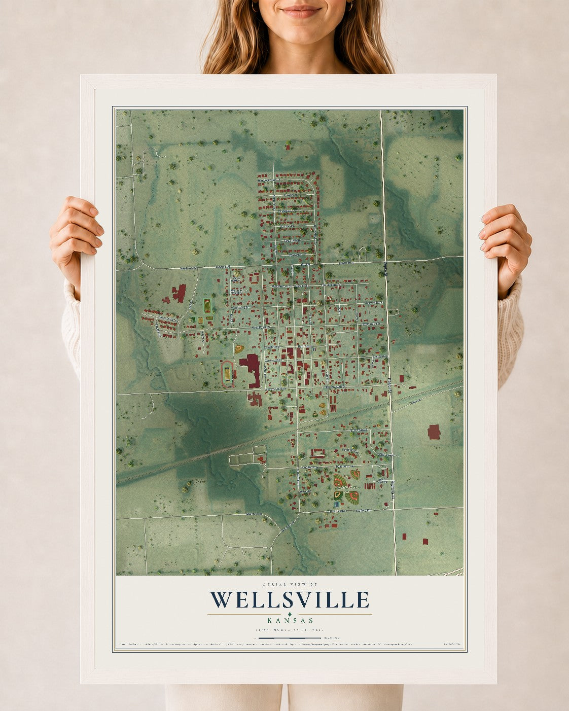 Map of Wellsville, Kansas, 24 x 36 inch print in a white wood frame