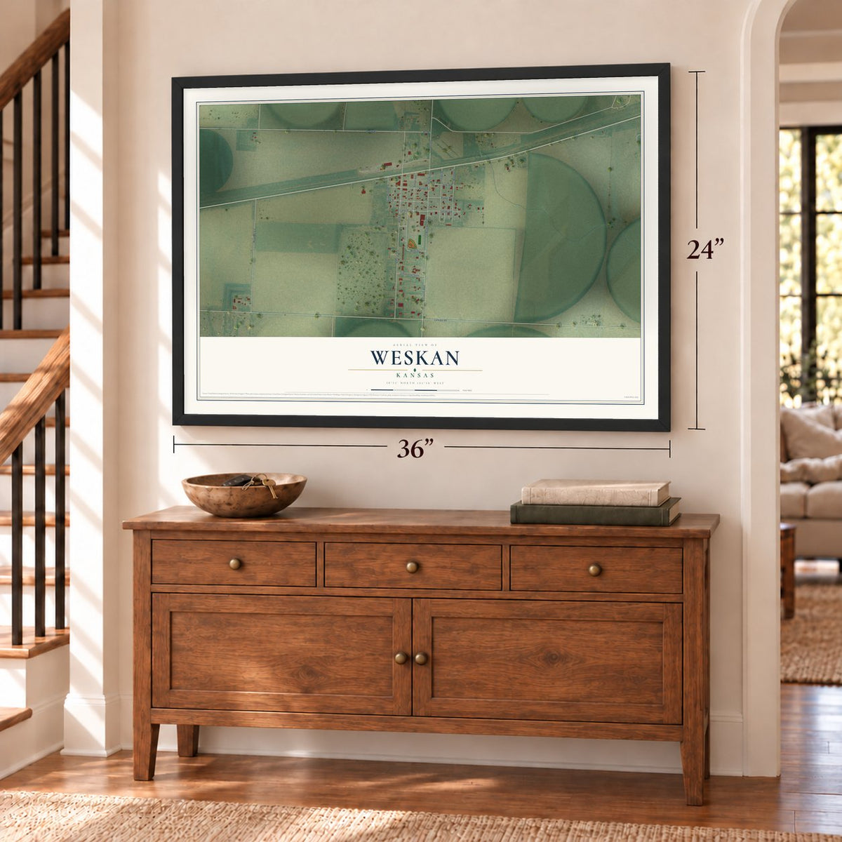 Weskan, Kansas map, 24 x 36 inch print in a black frame above a dresser by a staircase