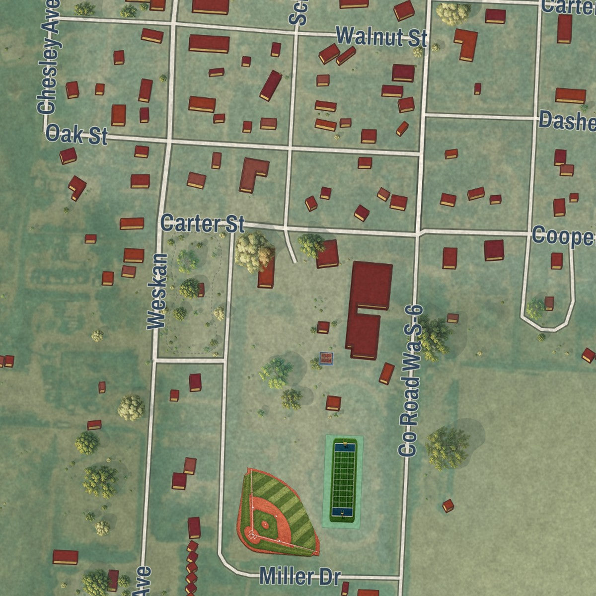 Close-up of the map of Weskan, Kansas print showing street and building detail