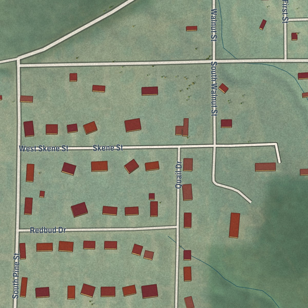 Second close-up of the map of Westmoreland, Kansas print showing more streets and buildings