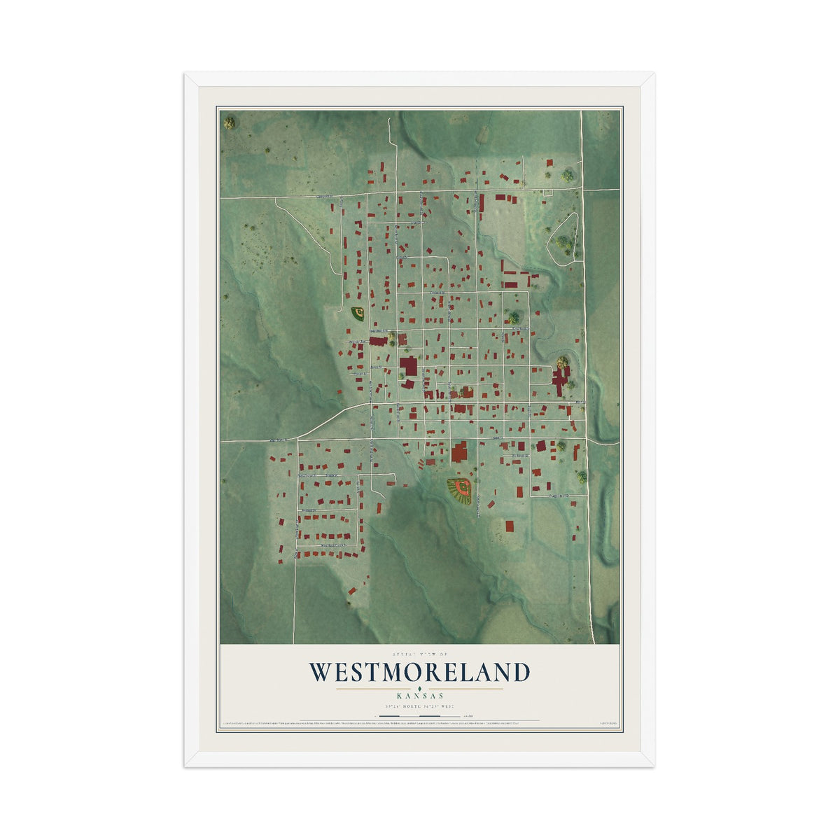 Map of Westmoreland, Kansas, 12 x 18 inch print in a white wood frame