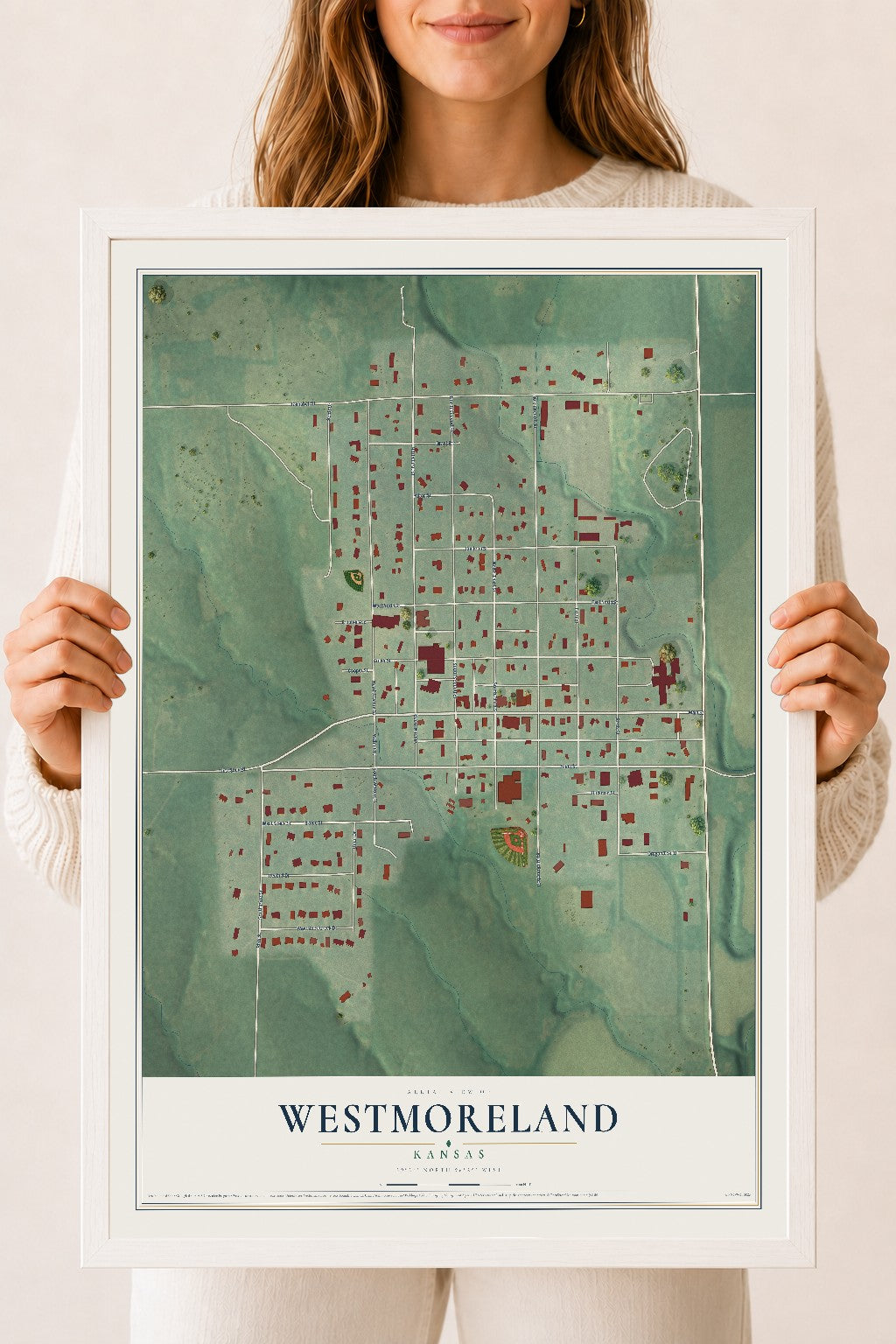 Map of Westmoreland, Kansas, 18 x 24 inch print in a white wood frame
