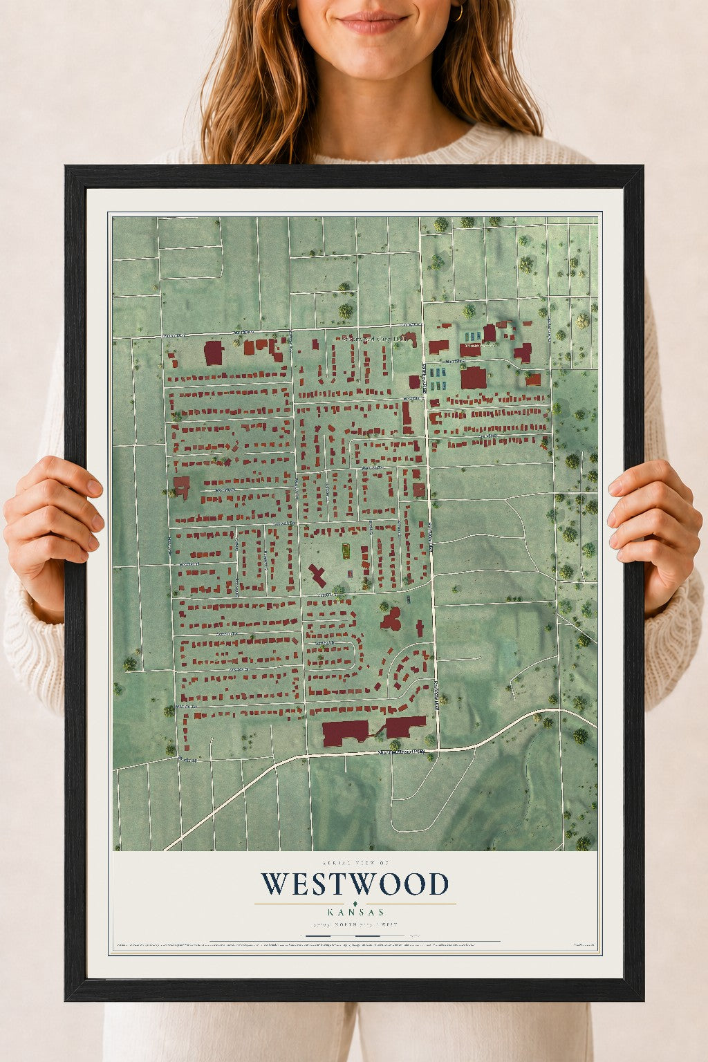 Map of Westwood, Kansas, 18 x 24 inch print in a black wood frame