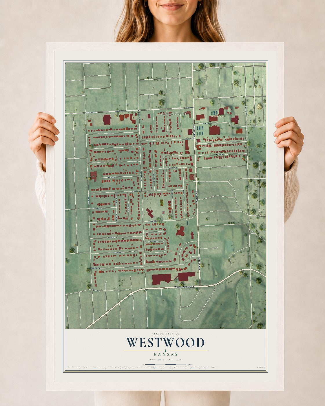 Map of Westwood, Kansas, 24 x 36 inch print in a white wood frame