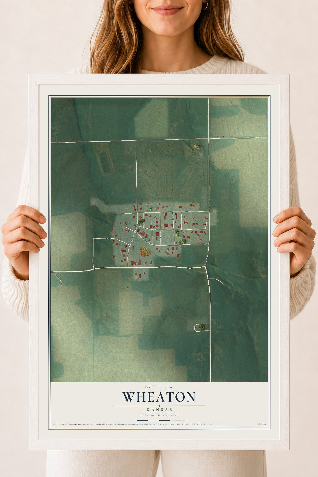 Map of Wheaton, Kansas, 18 x 24 inch print in a white wood frame