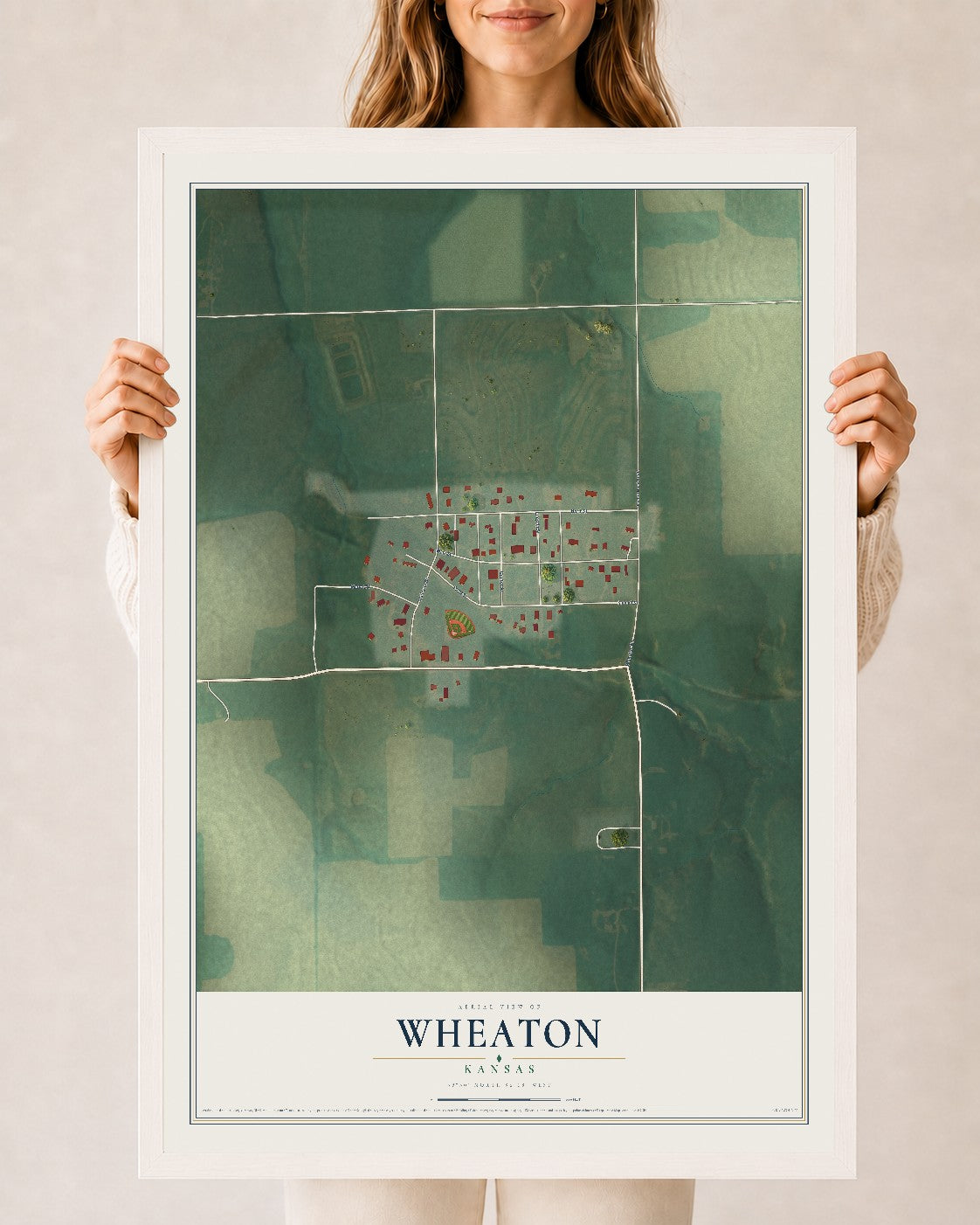 Map of Wheaton, Kansas, 24 x 36 inch print in a white wood frame