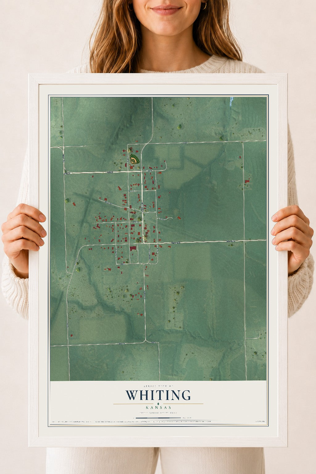 Map of Whiting, Kansas, 18 x 24 inch print in a white wood frame
