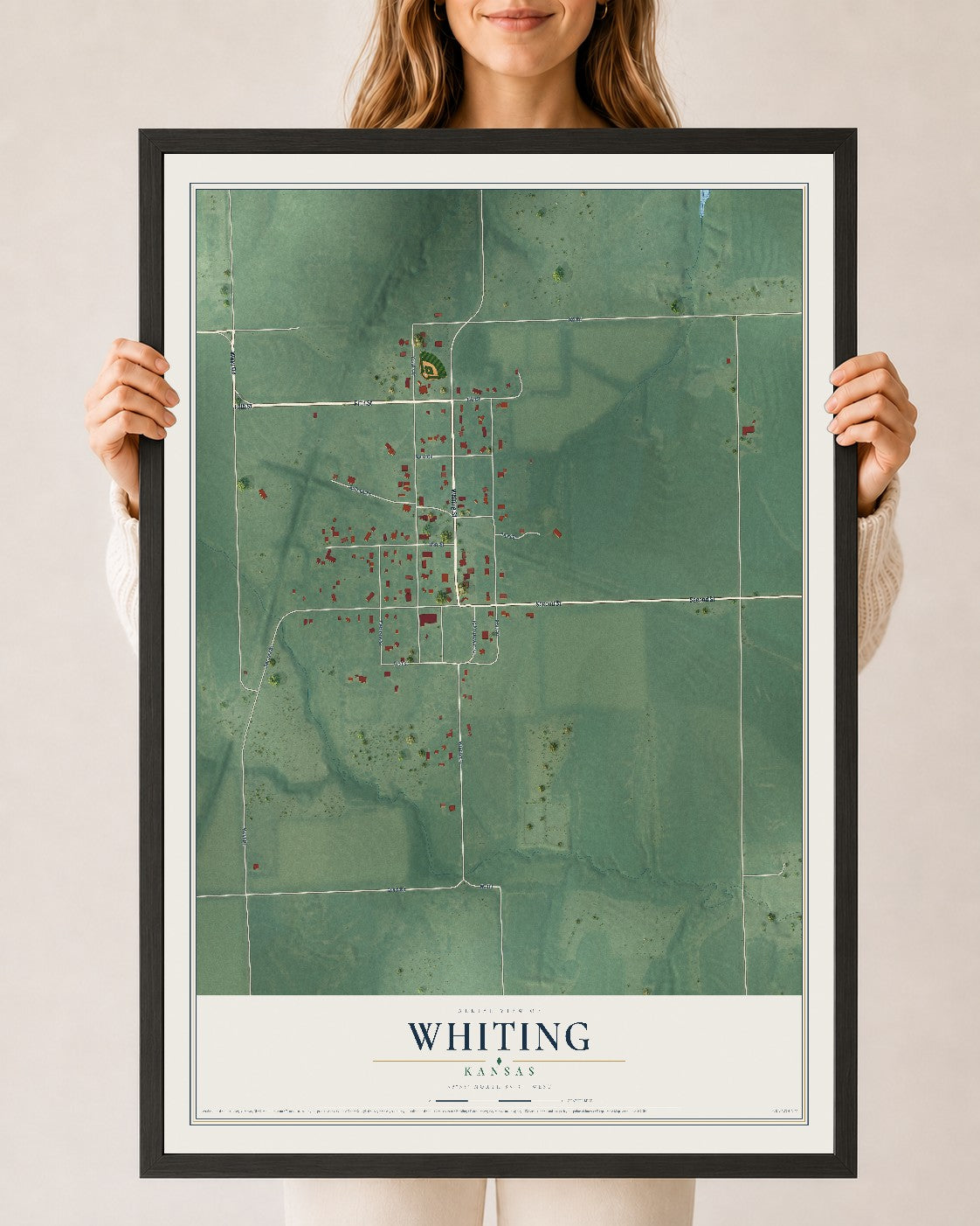 Map of Whiting, Kansas, 24 x 36 inch print in a black wood frame