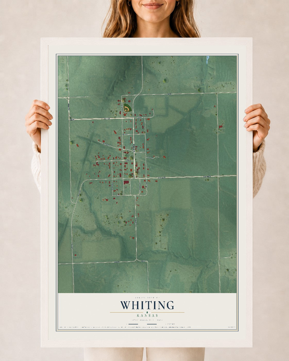 Map of Whiting, Kansas, 24 x 36 inch print in a white wood frame