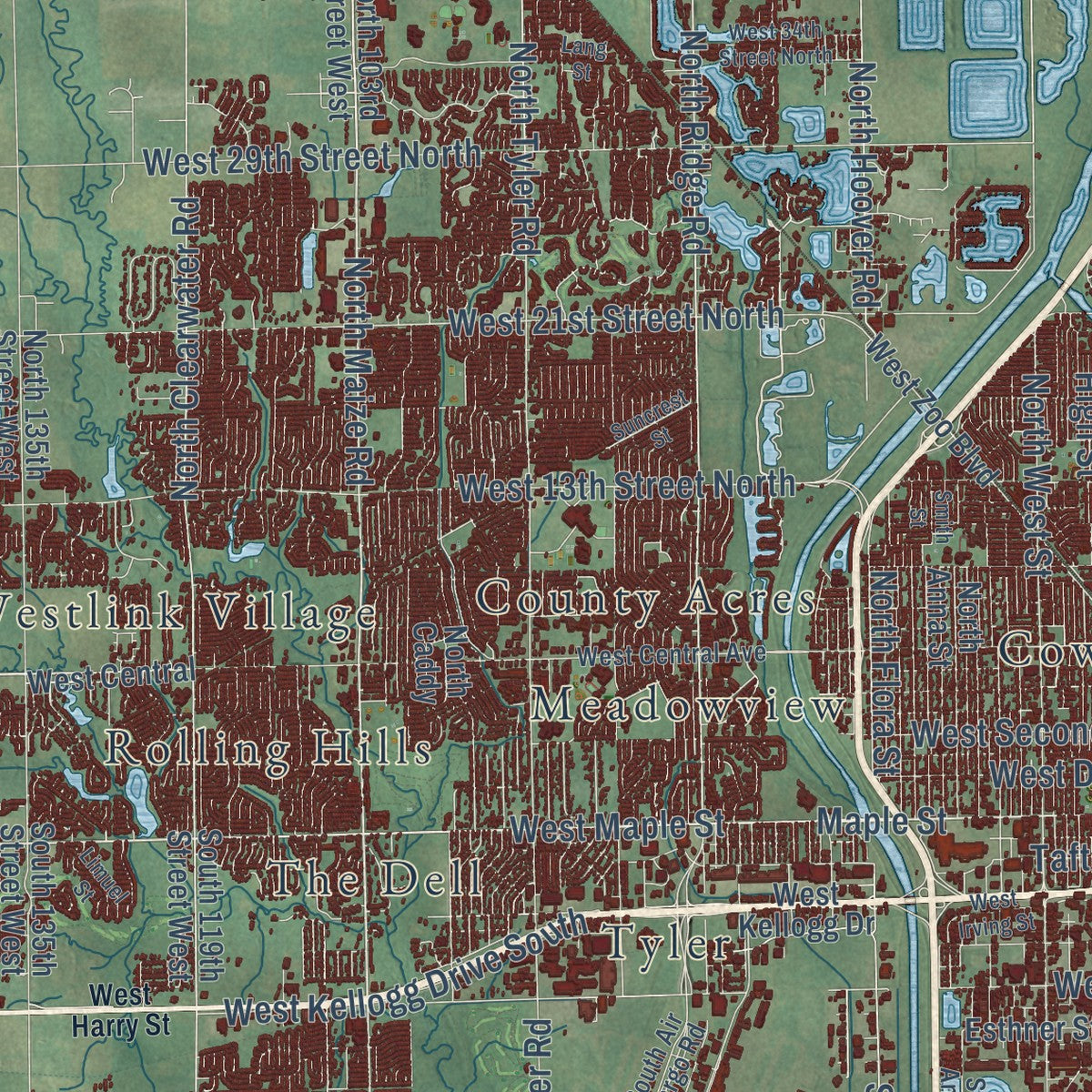 Second close-up of the map of Wichita, Kansas print showing more streets and buildings