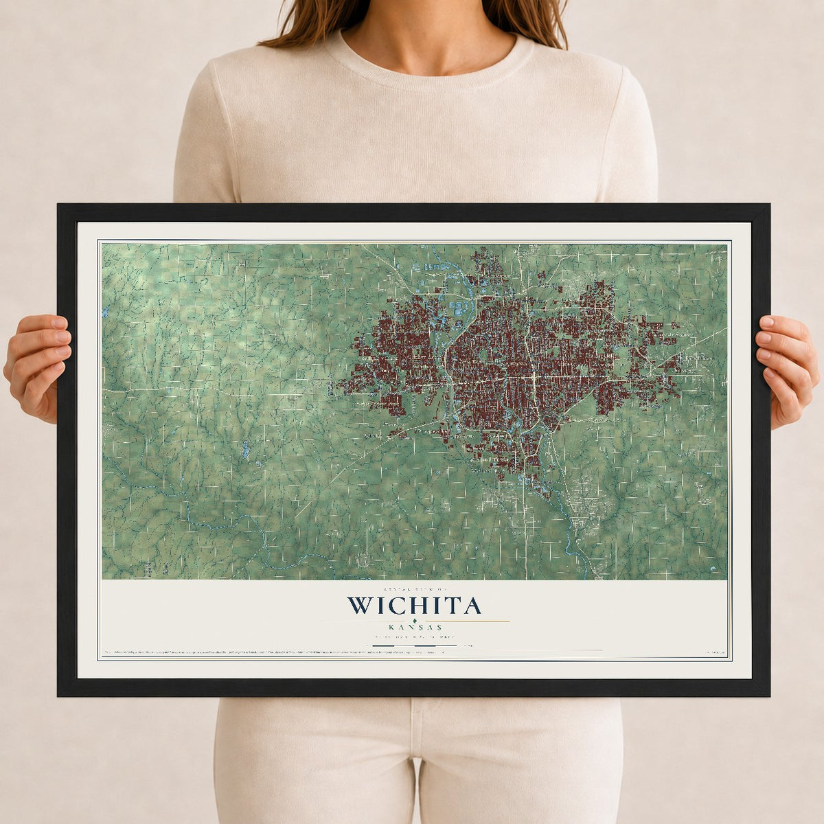 Map of Wichita, Kansas, 12 x 18 inch print in a black wood frame