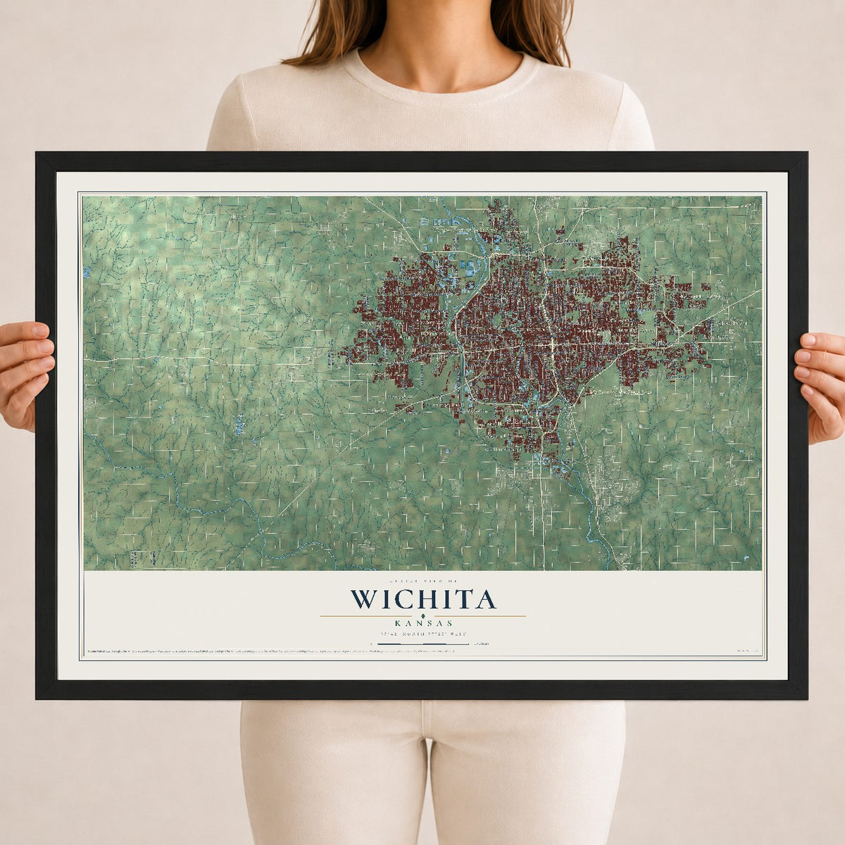 Map of Wichita, Kansas, 18 x 24 inch print in a black wood frame
