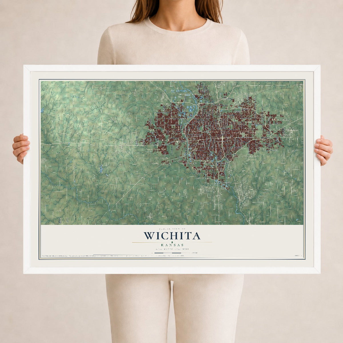 Map of Wichita, Kansas, 24 x 36 inch print in a white wood frame