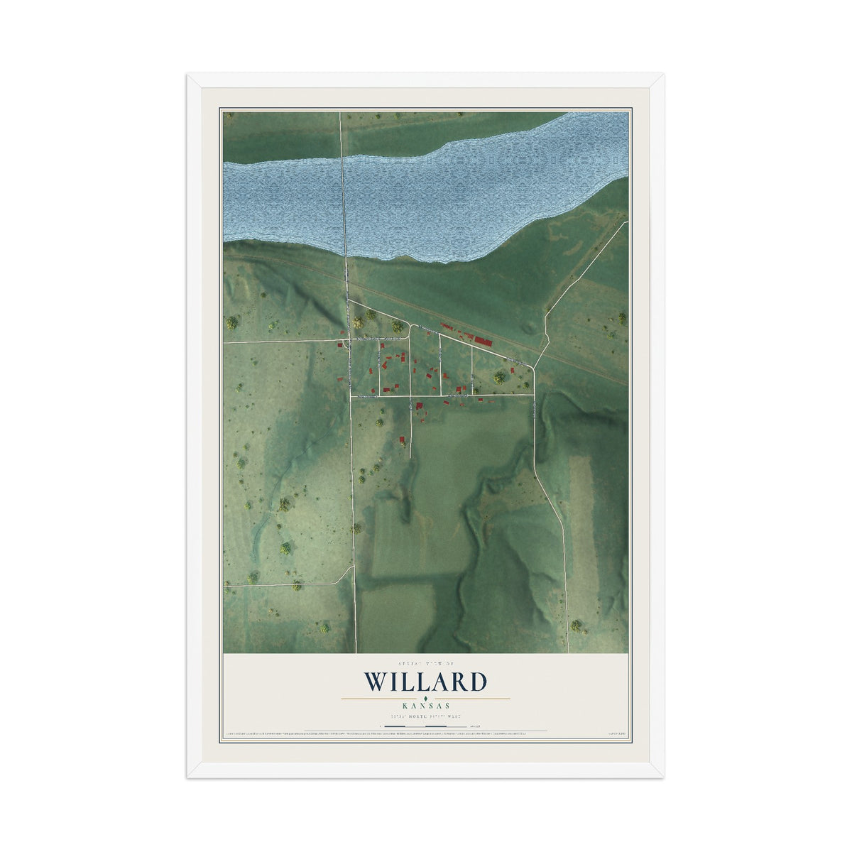 Map of Willard, Kansas, 12 x 18 inch print in a white wood frame