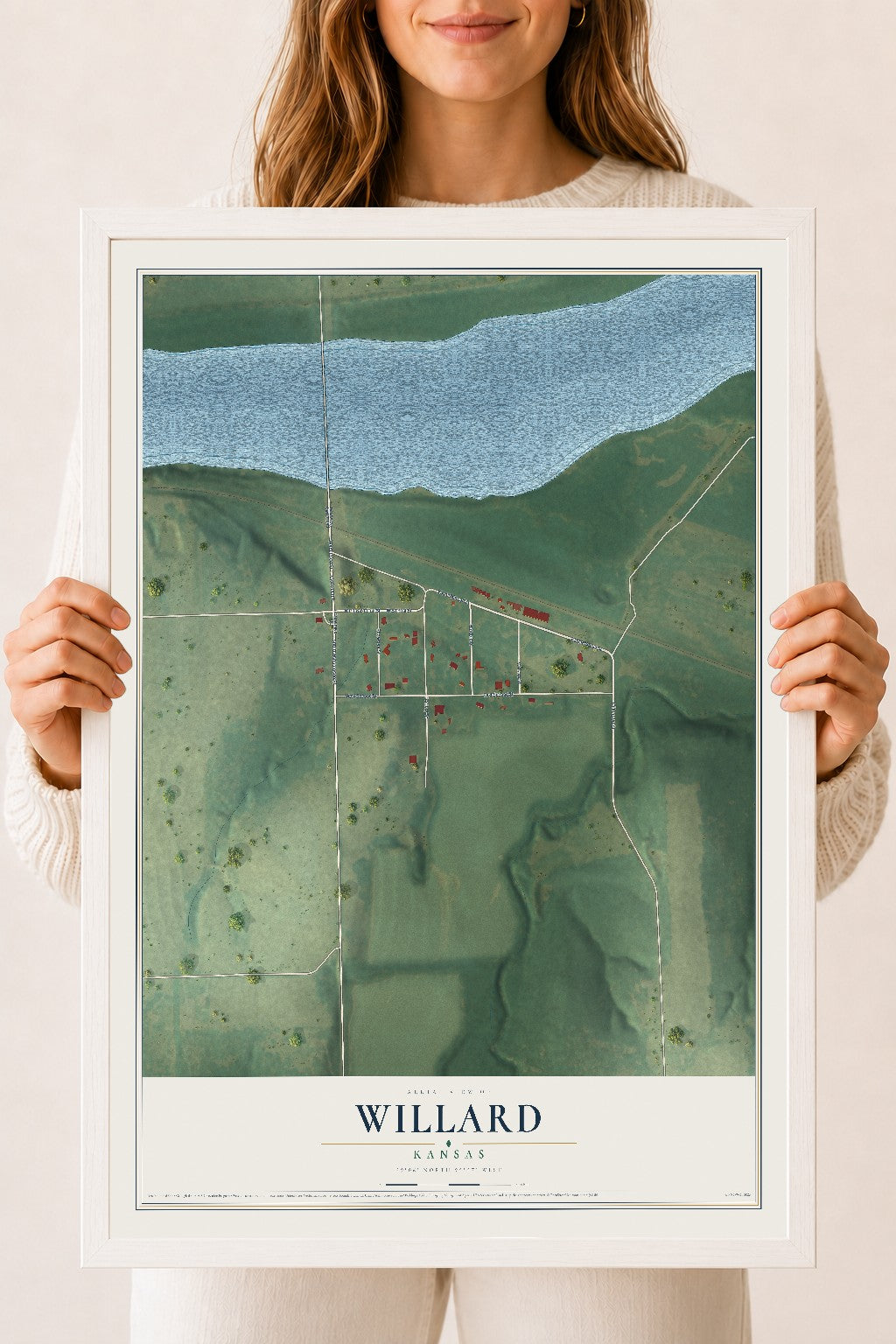 Map of Willard, Kansas, 18 x 24 inch print in a white wood frame