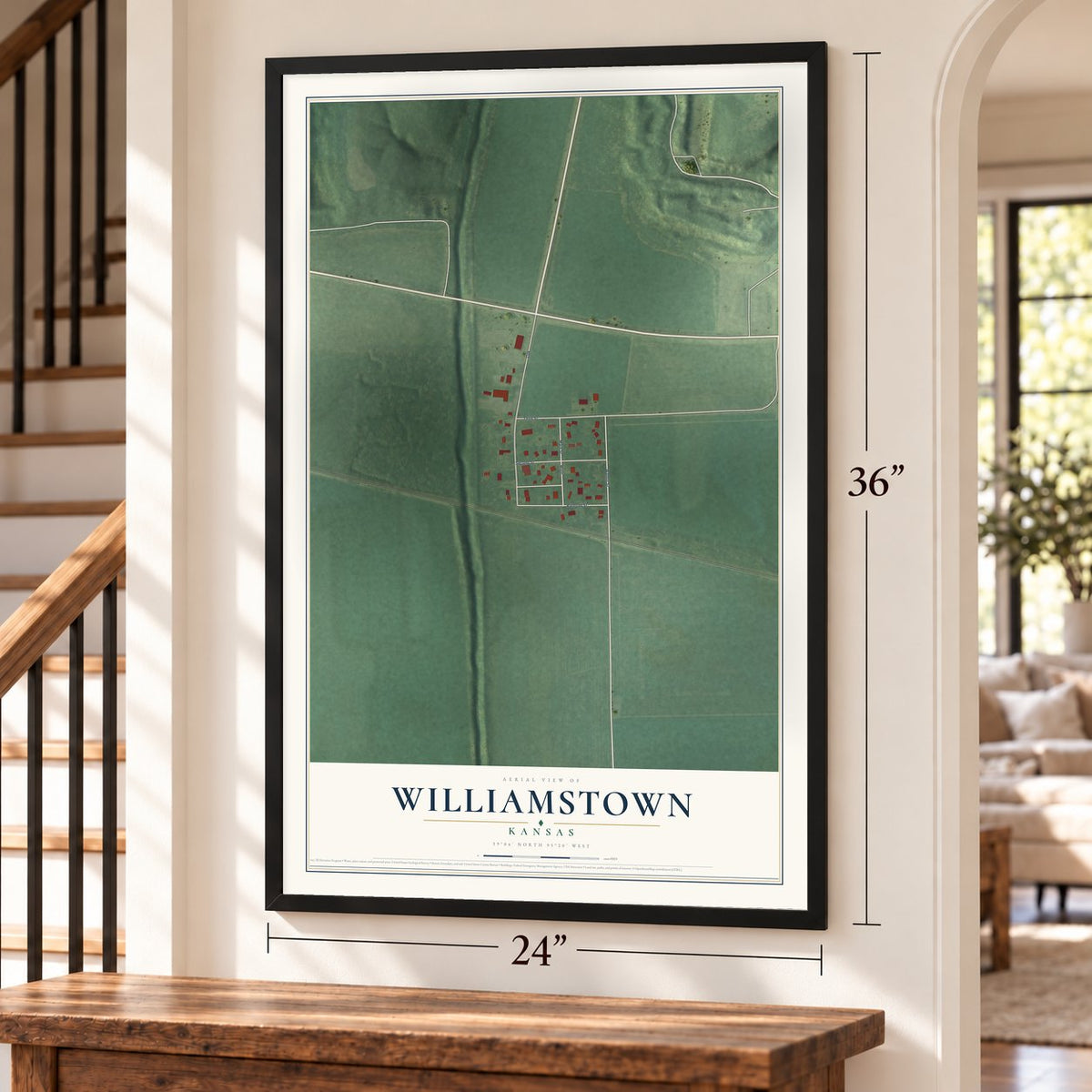 Williamstown, Kansas map, 24 x 36 inch print in a black frame by a staircase