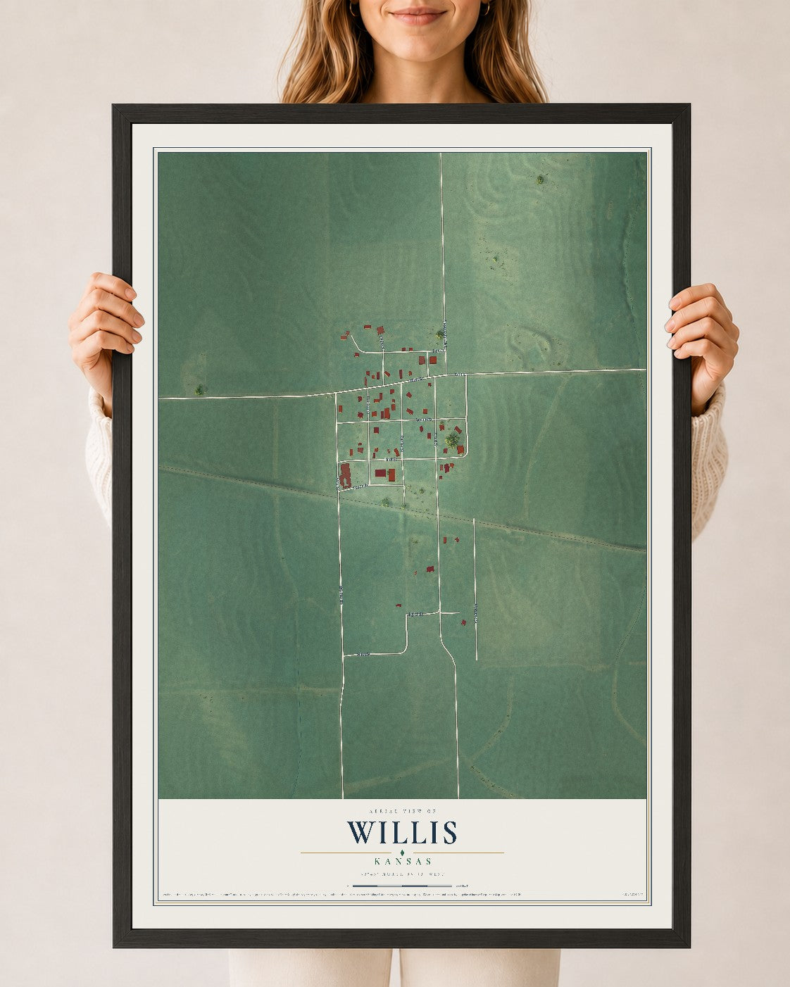 Map of Willis, Kansas, 24 x 36 inch print in a black wood frame