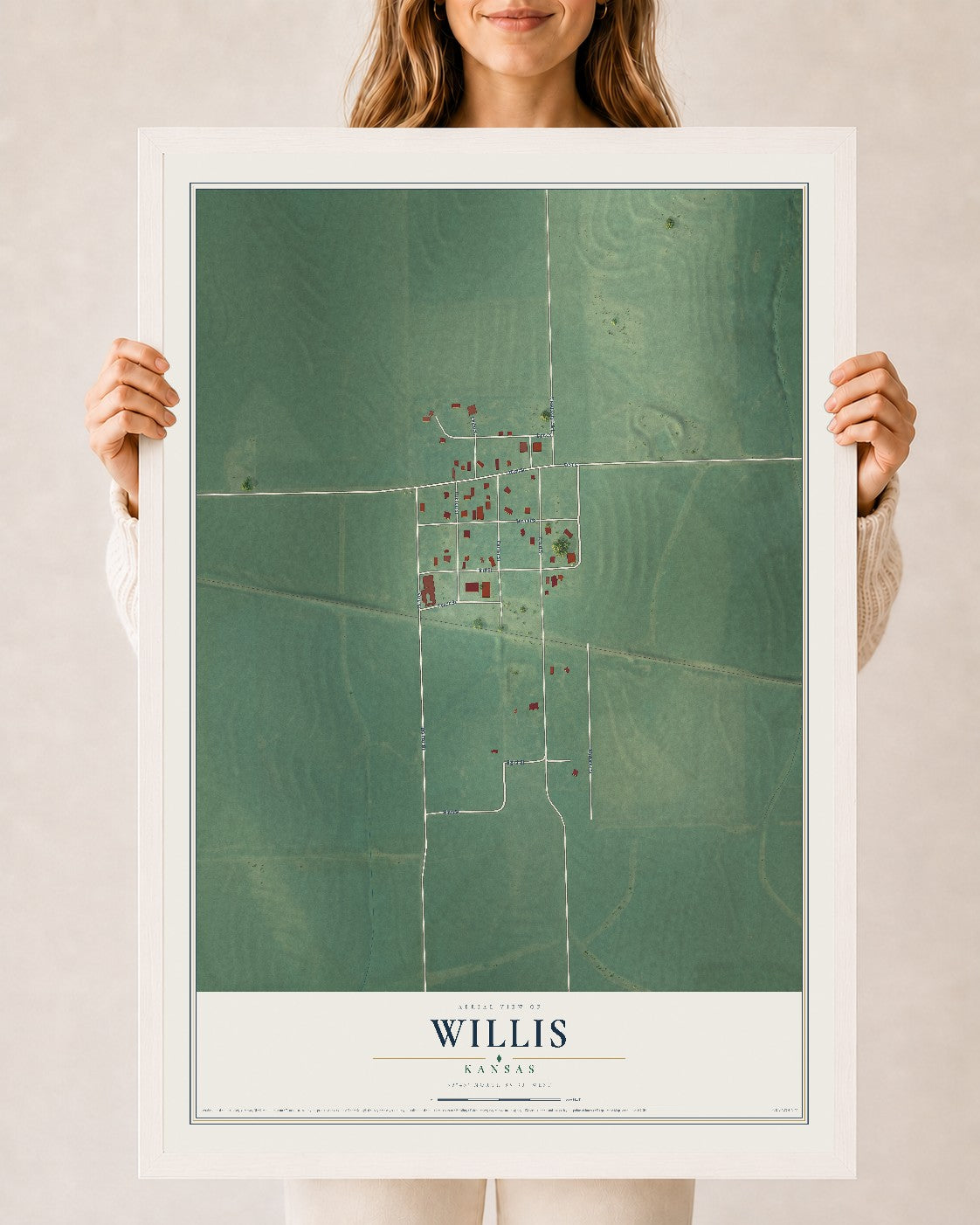Map of Willis, Kansas, 24 x 36 inch print in a white wood frame