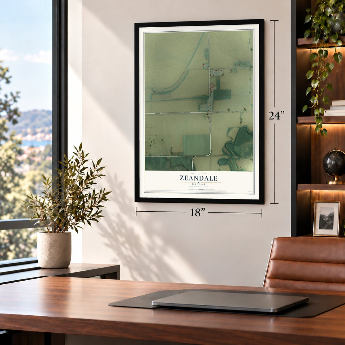 Zeandale, Kansas map, 18 x 24 inch print in a black frame in a home office