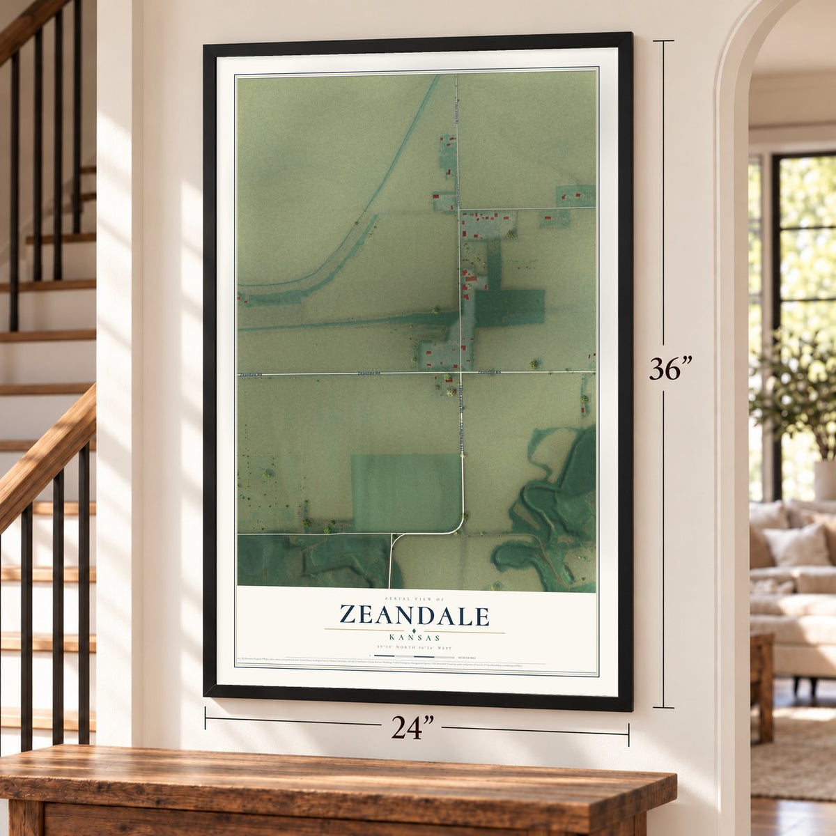 Zeandale, Kansas map, 24 x 36 inch print in a black frame by a staircase