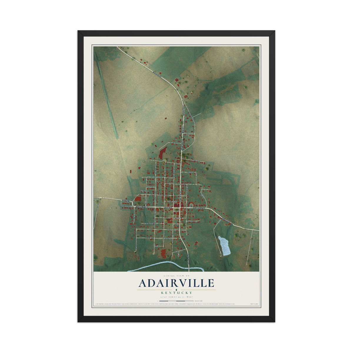 Map of Adairville, Kentucky, 12 x 18 inch print in a black wood frame
