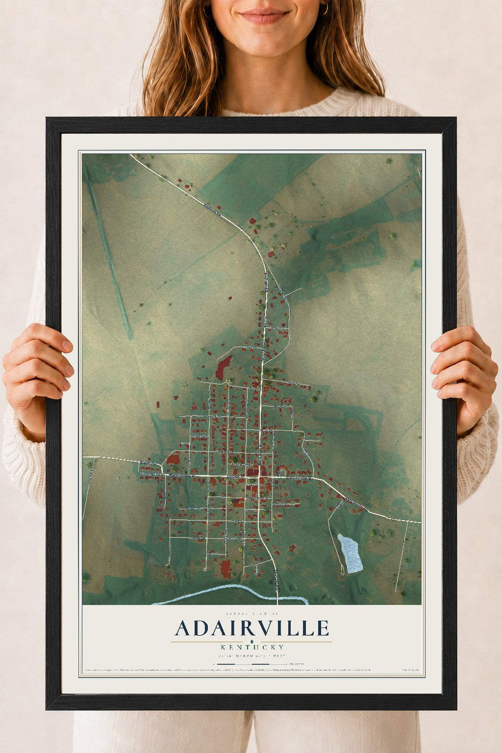 Map of Adairville, Kentucky, 18 x 24 inch print in a black wood frame