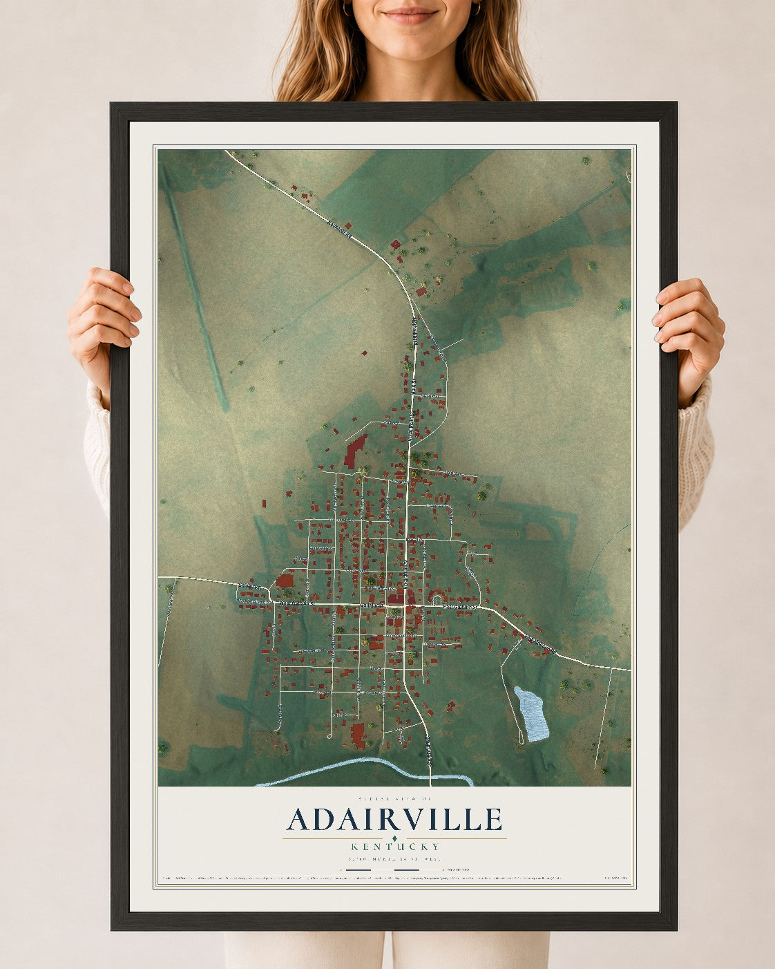 Map of Adairville, Kentucky, 24 x 36 inch print in a black wood frame