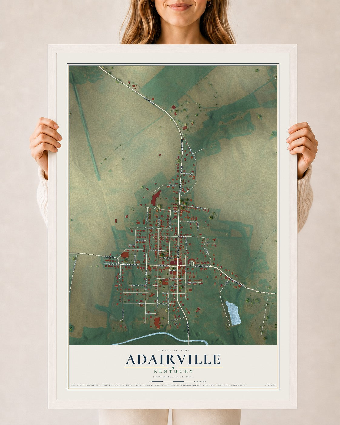 Map of Adairville, Kentucky, 24 x 36 inch print in a white wood frame