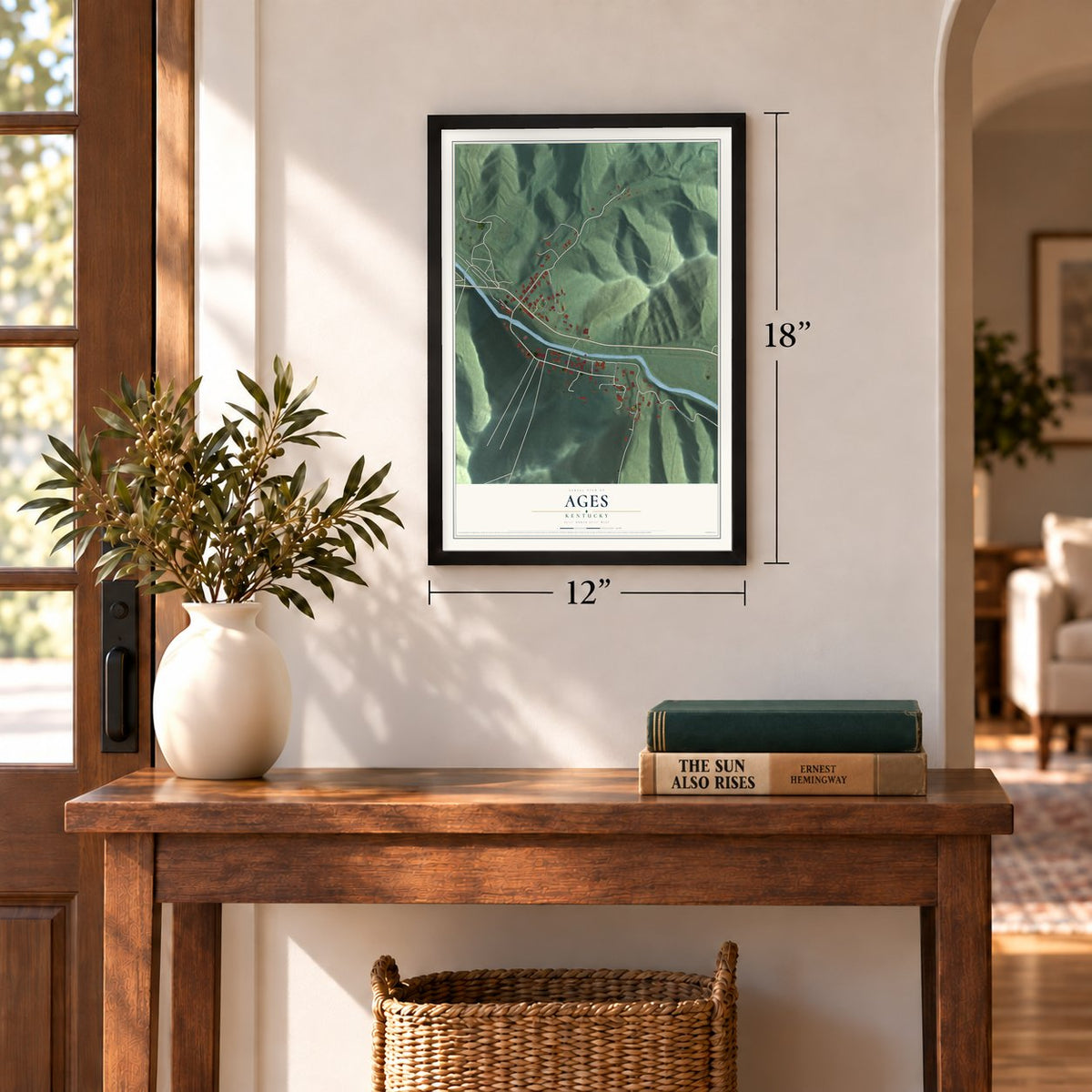 Ages, Kentucky map, 12 x 18 inch print in a black frame in an entryway