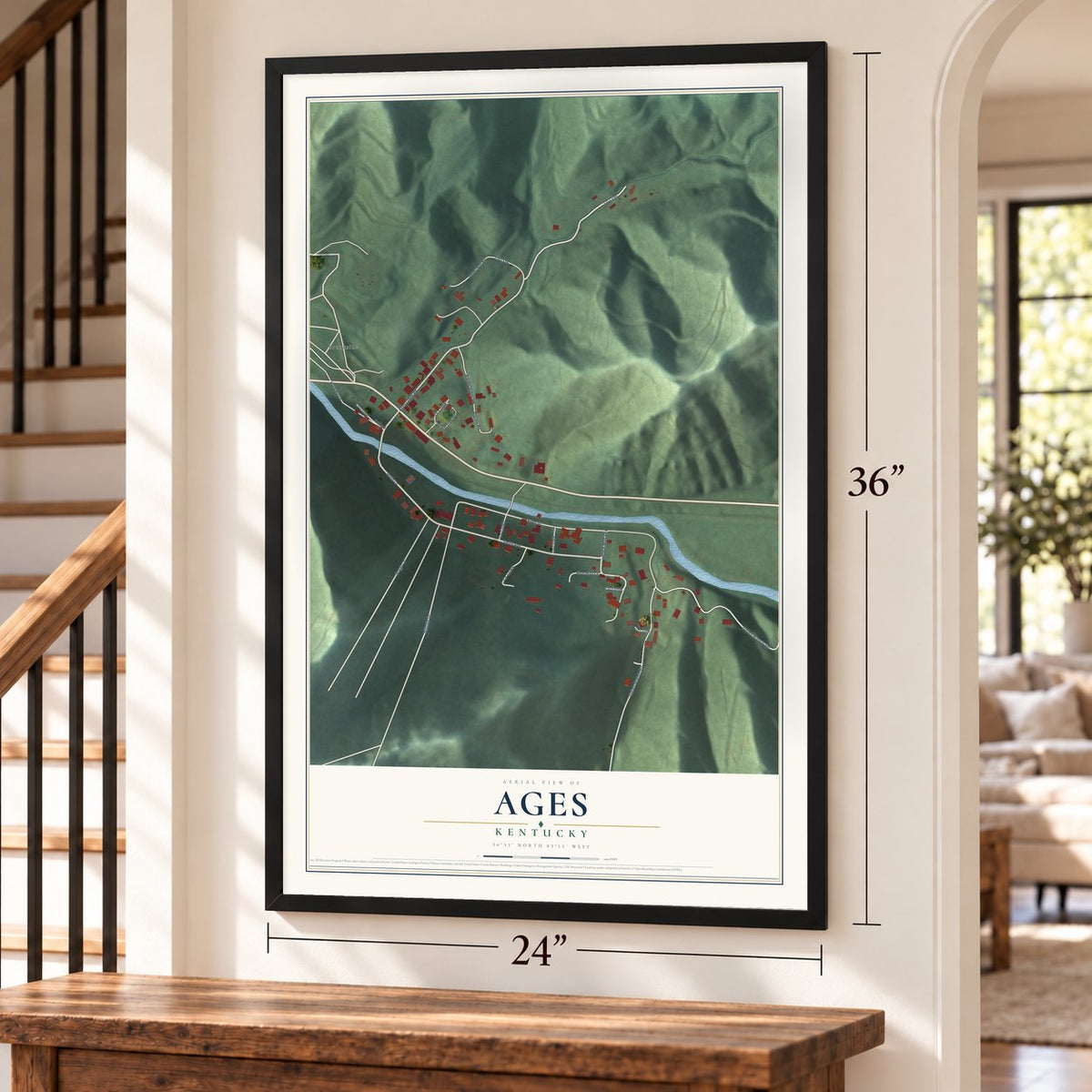 Ages, Kentucky map, 24 x 36 inch print in a black frame by a staircase