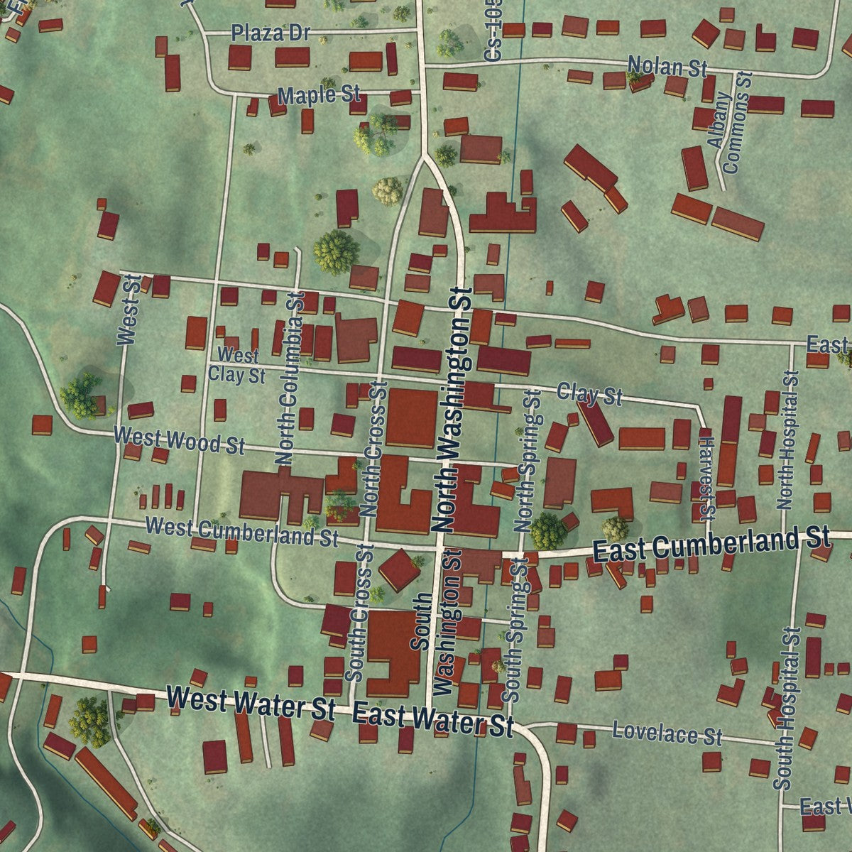Close-up of the map of Albany, Kentucky print showing street and building detail