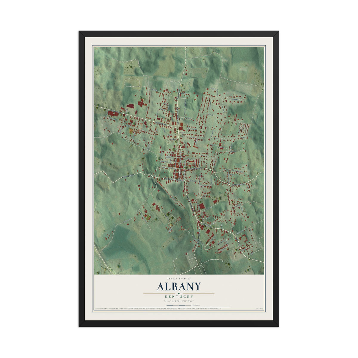 Map of Albany, Kentucky, 12 x 18 inch print in a black wood frame