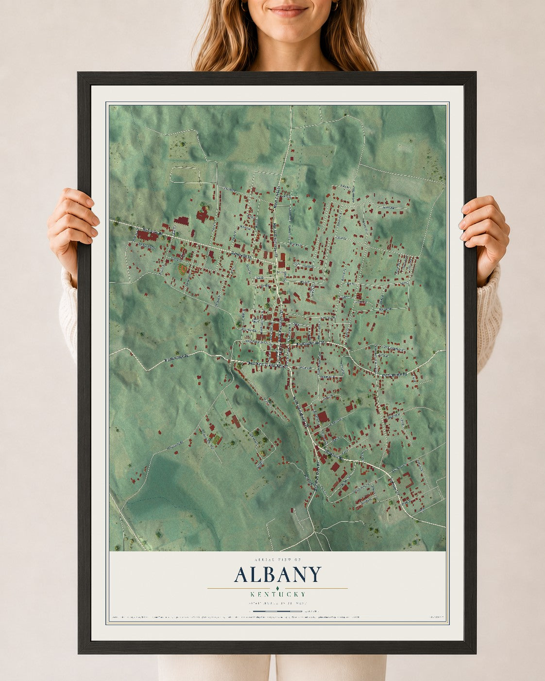 Map of Albany, Kentucky, 24 x 36 inch print in a black wood frame
