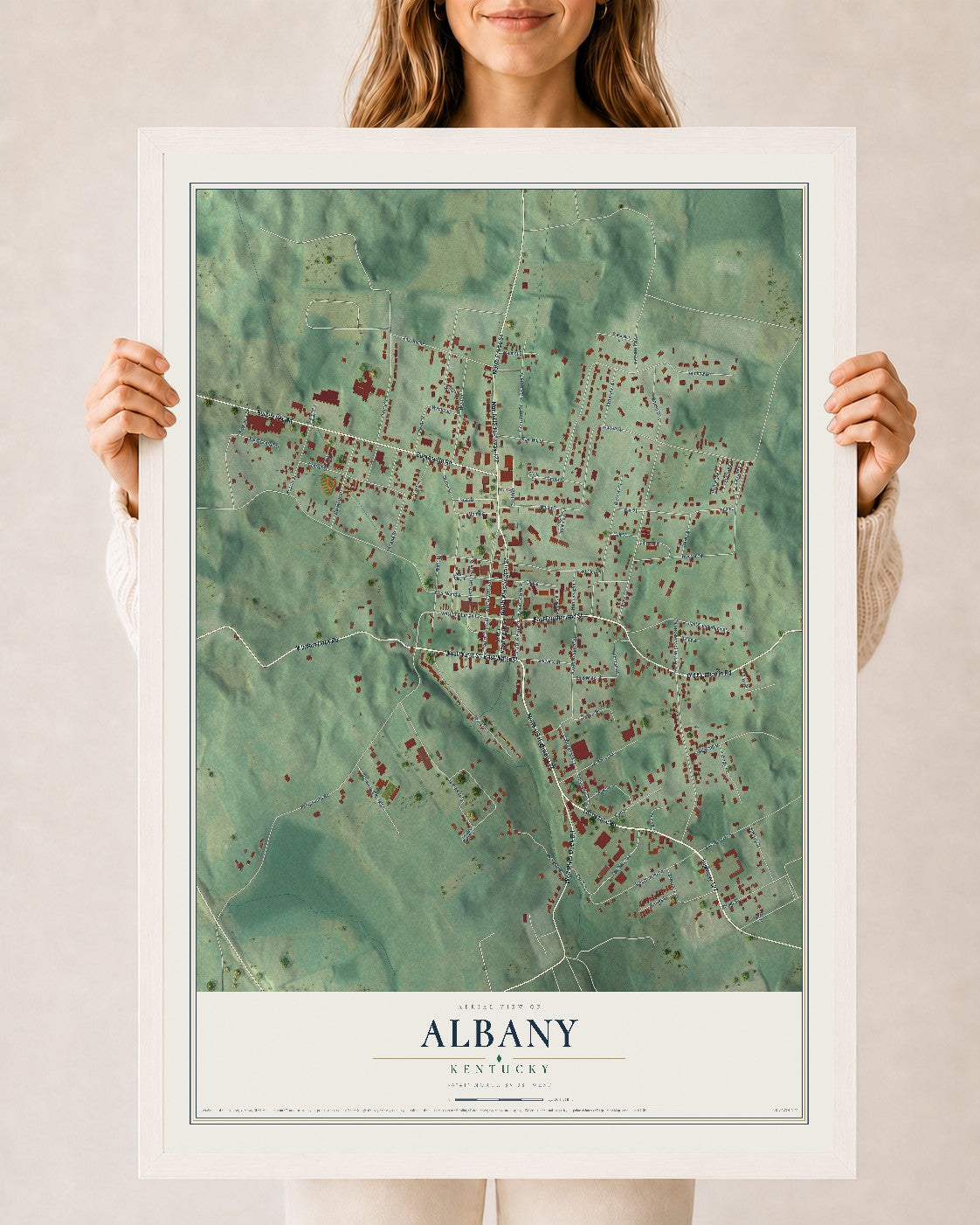 Map of Albany, Kentucky, 24 x 36 inch print in a white wood frame