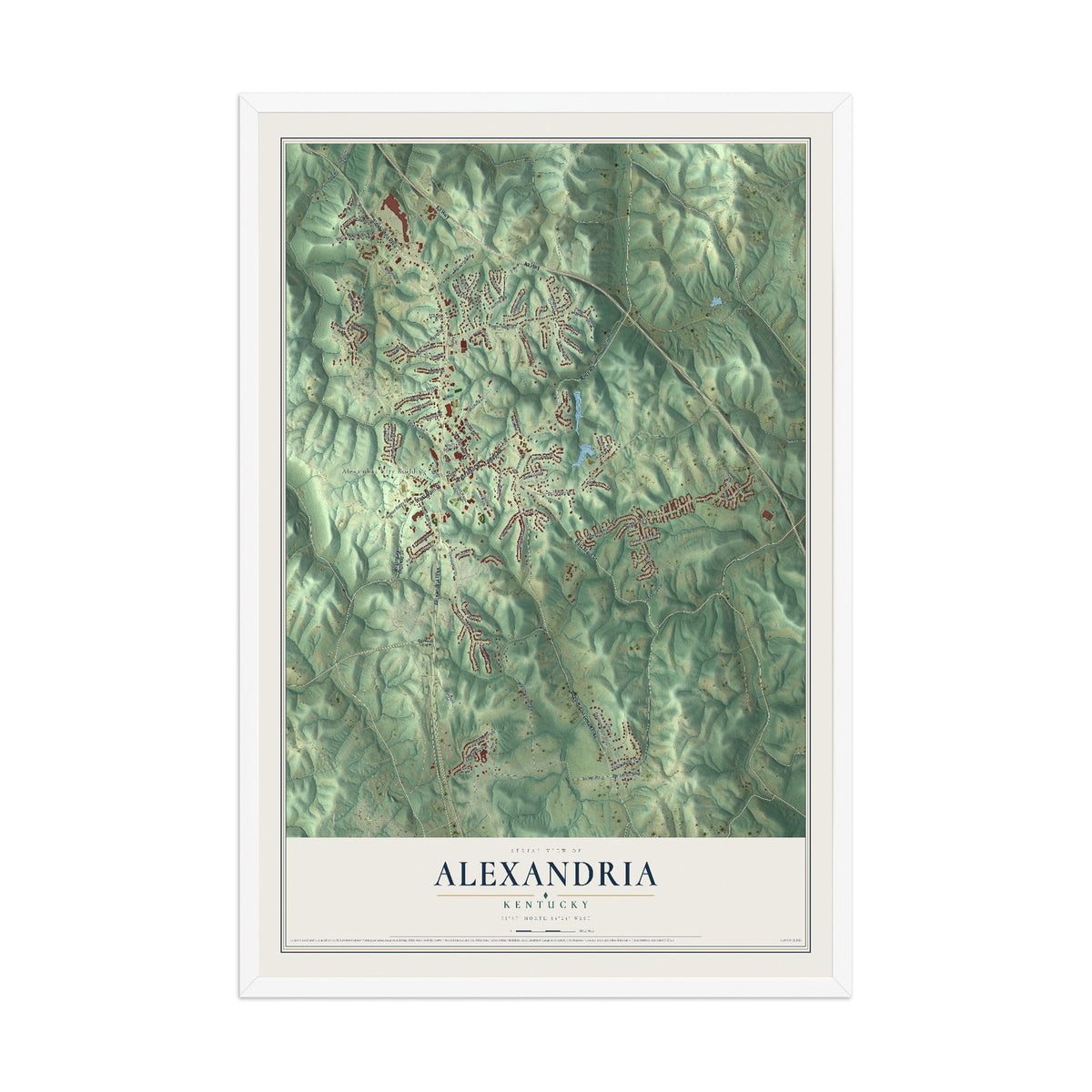 Map of Alexandria, Kentucky, 12 x 18 inch print in a white wood frame