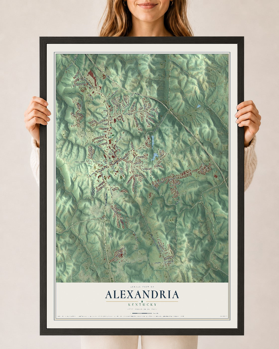 Map of Alexandria, Kentucky, 24 x 36 inch print in a black wood frame