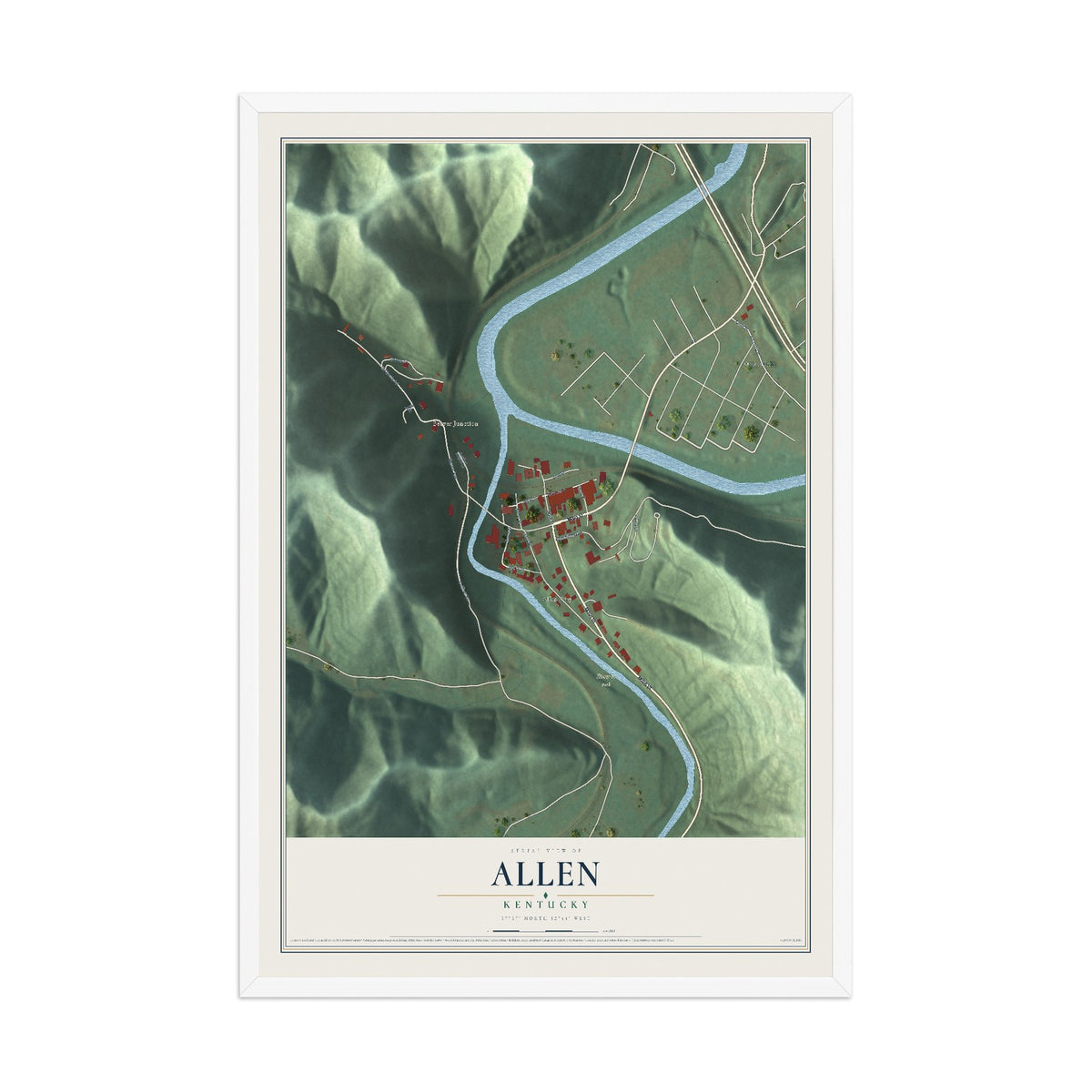 Map of Allen, Kentucky, 12 x 18 inch print in a white wood frame