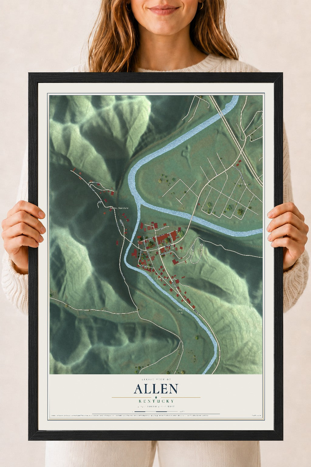 Map of Allen, Kentucky, 18 x 24 inch print in a black wood frame