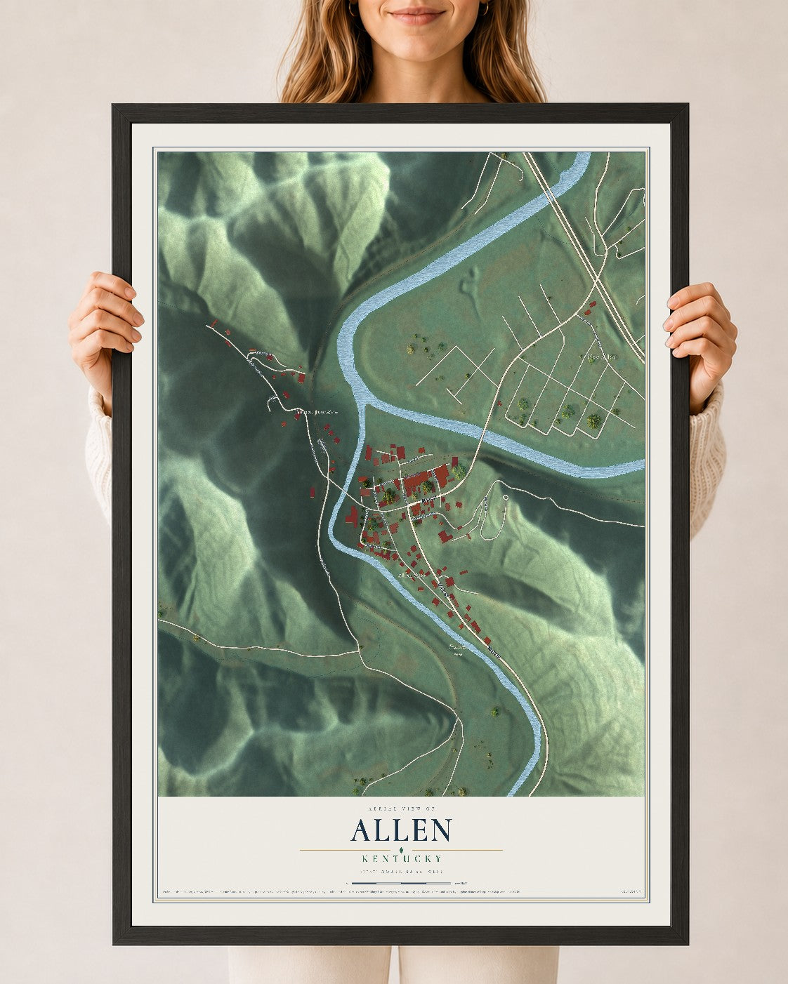 Map of Allen, Kentucky, 24 x 36 inch print in a black wood frame