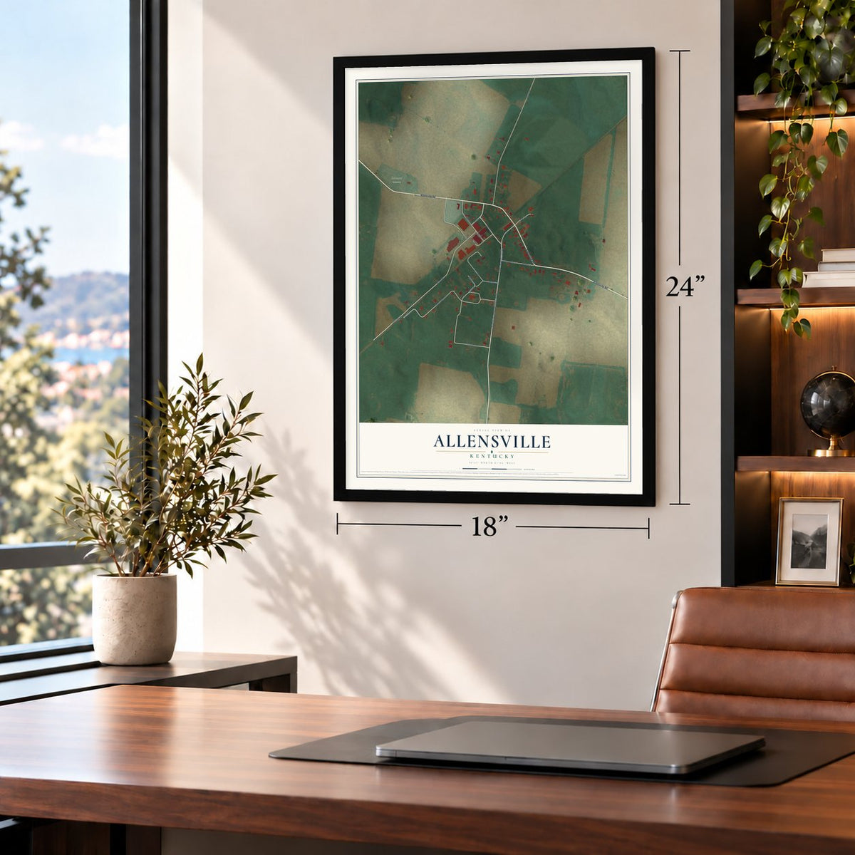 Allensville, Kentucky map, 18 x 24 inch print in a black frame in a home office