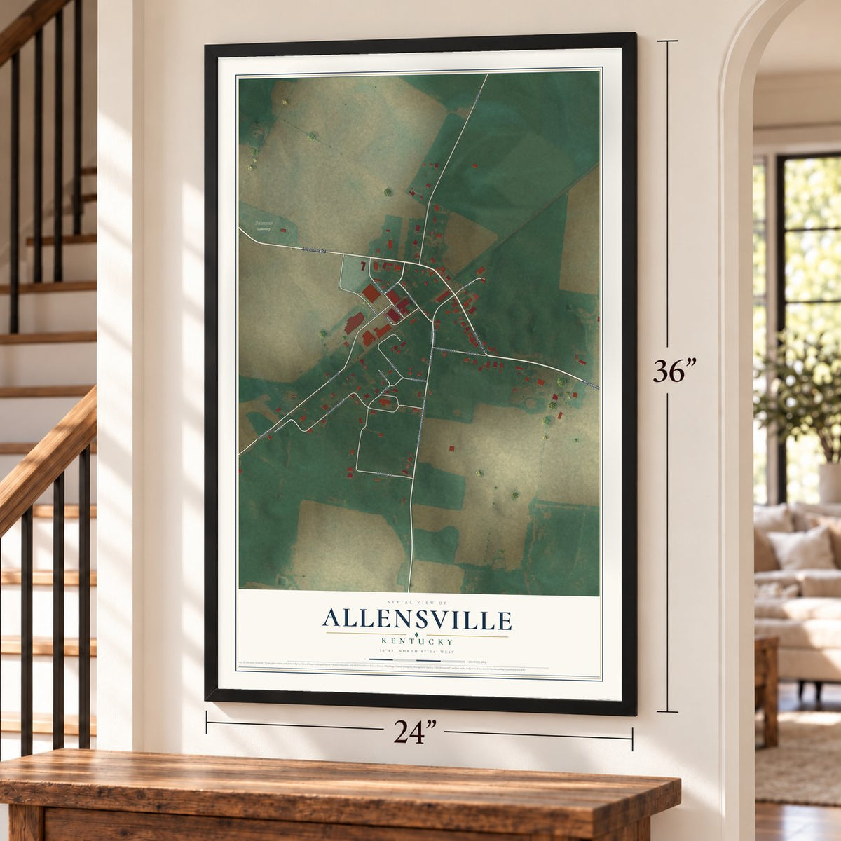 Allensville, Kentucky map, 24 x 36 inch print in a black frame by a staircase