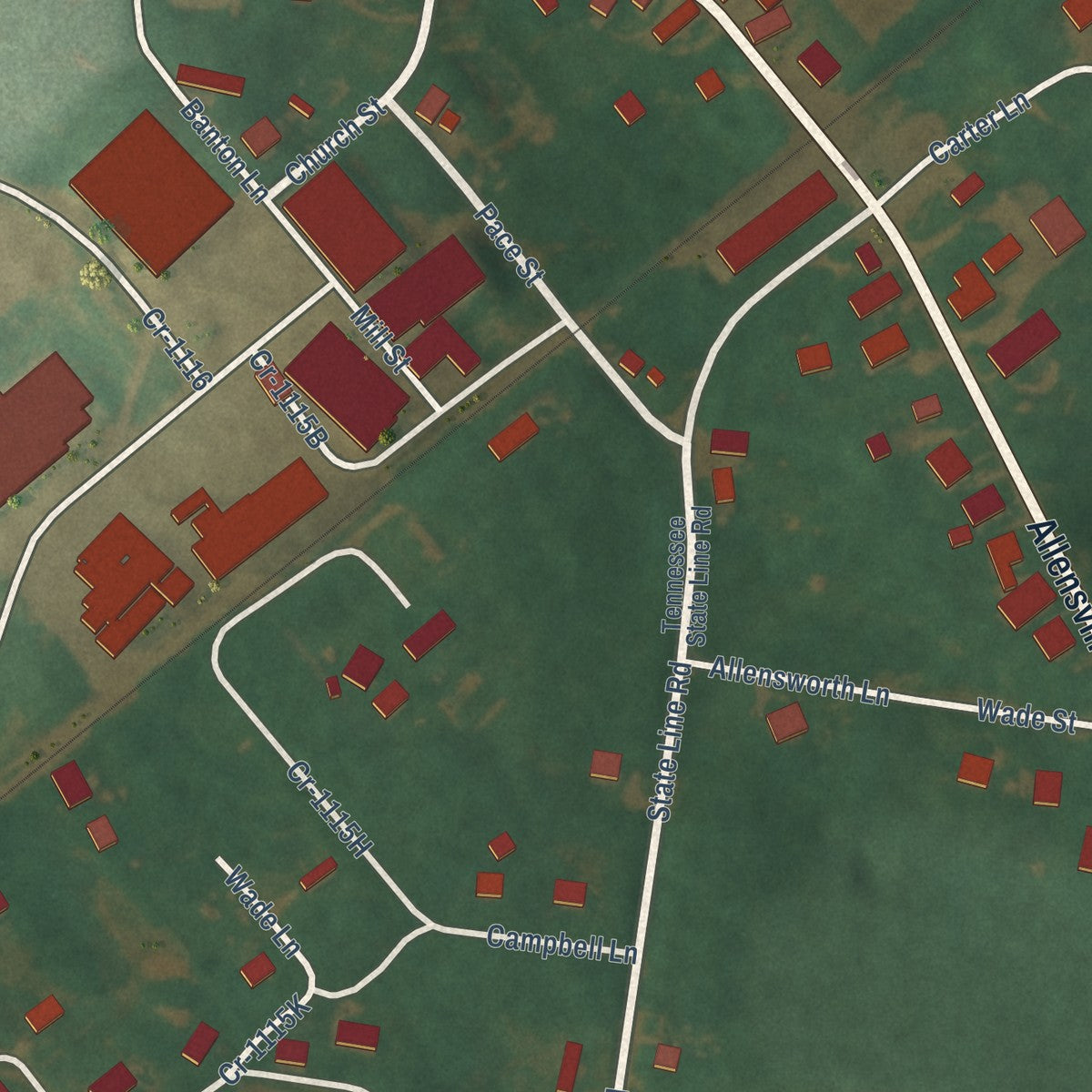 Close-up of the map of Allensville, Kentucky print showing street and building detail
