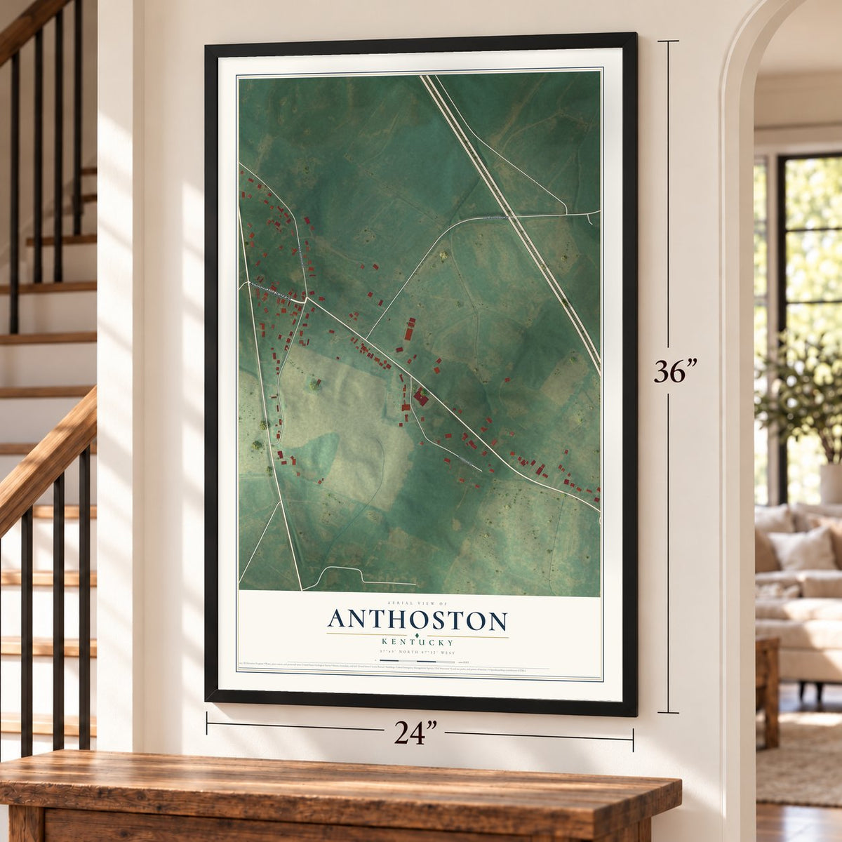Anthoston, Kentucky map, 24 x 36 inch print in a black frame by a staircase