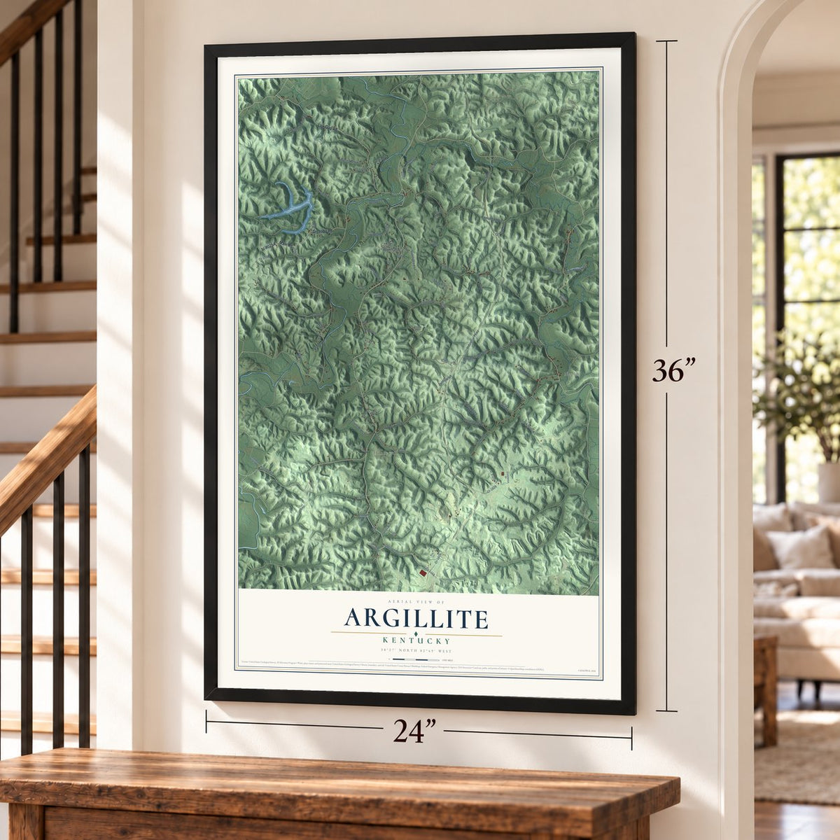 Argillite, Kentucky map, 24 x 36 inch print in a black frame by a staircase
