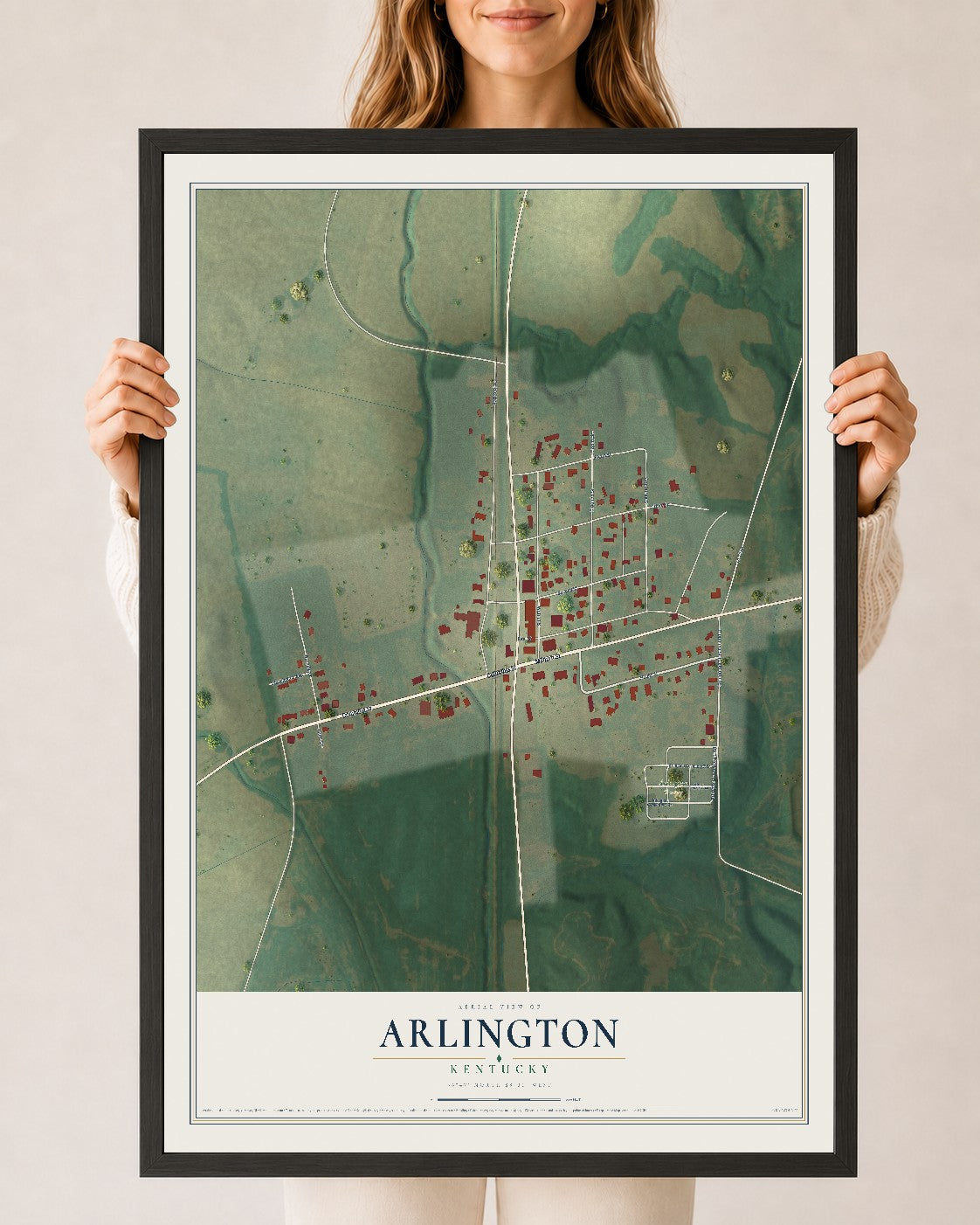 Map of Arlington, Kentucky, 24 x 36 inch print in a black wood frame